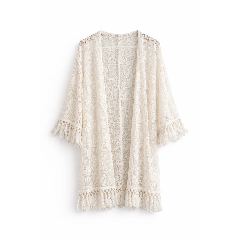 aerie Cream Lace Kimono with Fringe